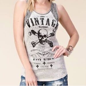 Voice of California Vintage Skull Graphic Tank Top Striped Biker Grunge Y2K